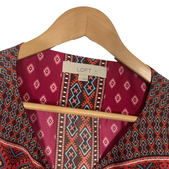 ANN TAYLOR LOFT Puff Sleeve Dress Red White Black Diamond Boho Mosaic Shift - Picture 4 of 5